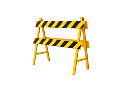 Yellow and black striped construction barrier isolated on transparent background