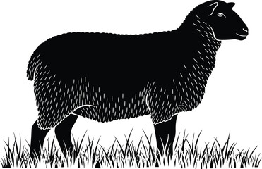 Detailed black silhouette of a domestic sheep standing in profile on a patch of grass, featuring textured wool, representing livestock, agriculture, farming, and wool production vector illustration © MstShahanaz