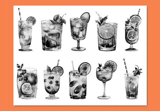 Vector watercolor painted style - cocktails clipart with stipple noise texture effect