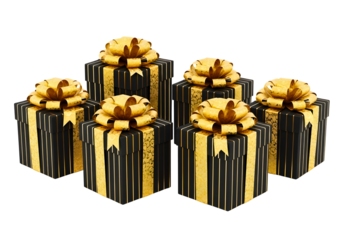 Group of black and gold gift boxes with ribbons isolated on transparent background