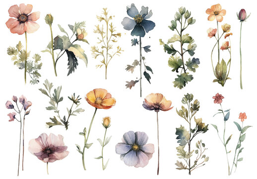 Vector watercolor painted style - flowers clipart isolated on white background.