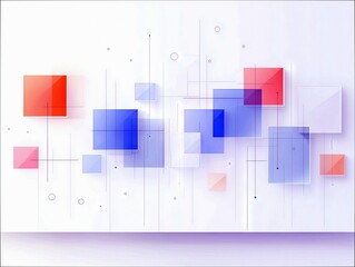 An abstract background featuring overlapping red and blue squares and translucent geometric shapes connected by thin lines, set against a clean white backdrop w