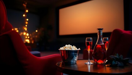 Romantic movie night snacks, including popcorn buckets and themed drinks