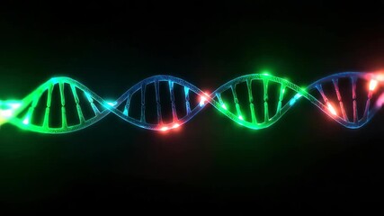 A raw, glowing DNA strand running horizontally, starting as bright blue neon at the left, expanding and becoming a vibrant green neon in the center, and ending with a mix of red and blue neon hues - Powered by Adobe