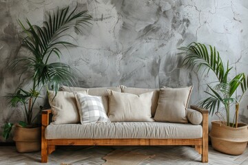 Wooden Sofa with Beige Cushions and Grey Plaid Next to Wooden Cabinet and Plant Pot Against Grey Stucco Wall.