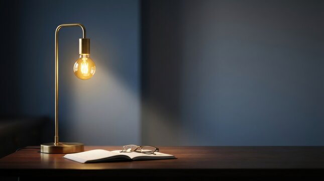 Reading lamp illuminating open book on wooden desk at night