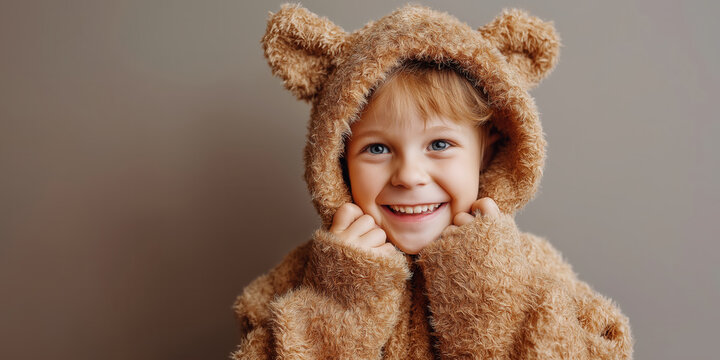 Happy child wearing plush teddy bear costume on solid background. - Powered by Adobe