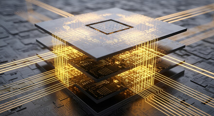 Abstract rendering of a multi-layer microchip with glowing circuit pathways.