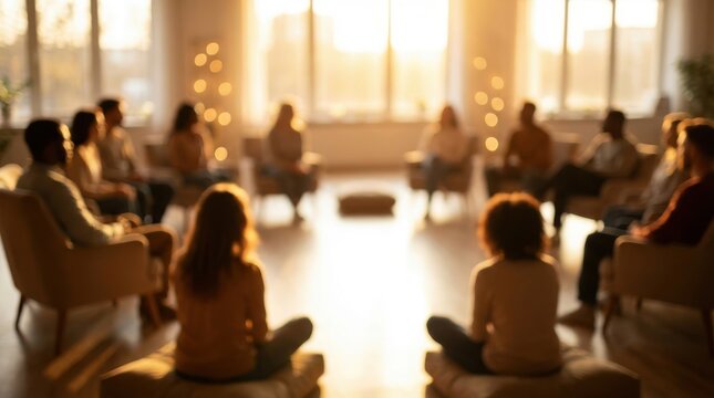 Support group sitting in circle during warm evening therapy session
