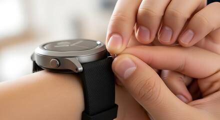 Close-up of hands fastening a modern smartwatch with a black strap onto a wrist, highlighting wearable technology