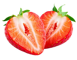 Strawberries first, juicy ripe berries sliced cleanly and shown in vibrant detail, highlighting fresh texture, natural sweetness, enticing appeal, and isolated clearly on white for simple presentation