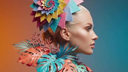 Profile of a woman in colorful headdress with tropical leaf decorations (70) - Powered by Adobe