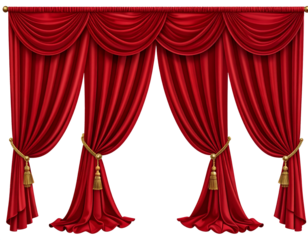 Luxury red silk velvet curtains and draperies and pelmet for window or theater stage, creating elegant depth, rich texture, dramatic ambiance, refined atmosphere, classic style, soft folds, sophistica