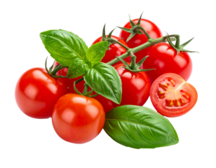 Cherry tomatoes with basil leaves isolated on white presented as a fresh vibrant food ingredient arrangement ideal for cooking inspiration, culinary designs, healthy meal visuals, and clean minimal pr
