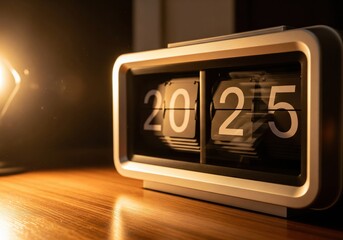 Retro flip clock showing year twenty twenty five on wooden desk with lamp in the background