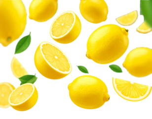 Lemon citrus background featuring a vibrant flying lemon with a fresh green leaf, creating a bright, energetic visual ideal for food designs, packaging, summer themes, refreshing concepts, and natural