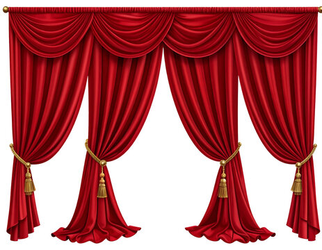 Luxury red silk velvet curtains and draperies and pelmet for window or theater stage, creating elegant depth, rich texture, dramatic ambiance, refined atmosphere, classic style, soft folds, sophistica