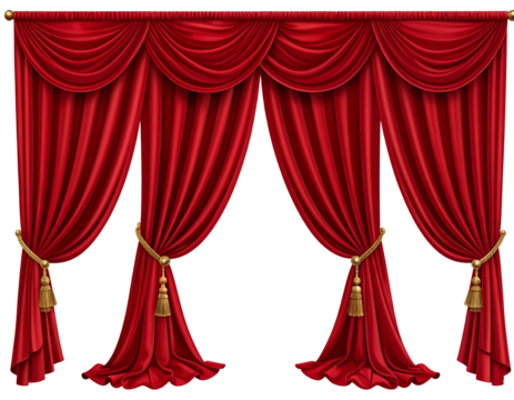 Luxury red silk velvet curtains and draperies and pelmet for window or theater stage, creating elegant depth, rich texture, dramatic ambiance, refined atmosphere, classic style, soft folds, sophistica