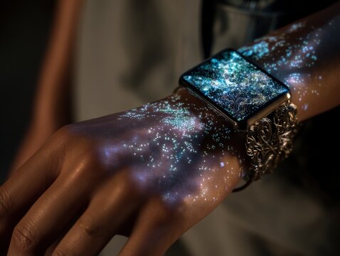 Smartwatch with a cosmic starry display screen projecting an ethereal galaxy onto human
