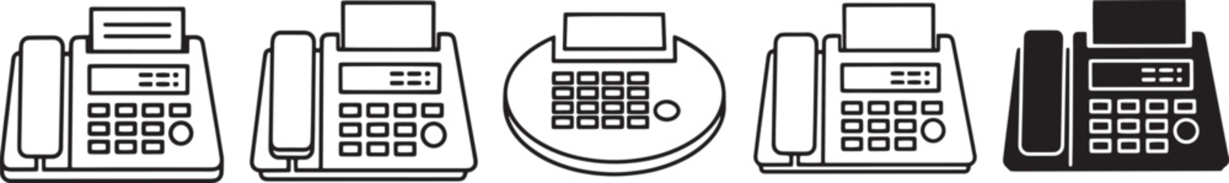Fax machine icon set in diverse styles, featuring detailed outline and solid fill designs for communication, office, and business technology. Vector