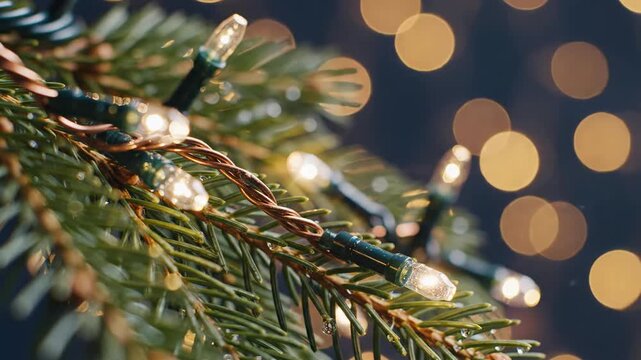Close-up of Twinkling Christmas String Lights on Pine Branch with Bokeh Background