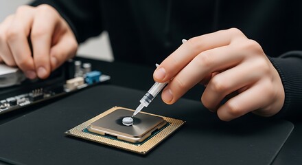 Computer technician applying thermal paste to CPU processor for optimal cooling and PC assembly.