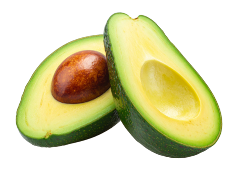 Avocado cut in half isolated on white background presented as a fresh, natural fruit section showing smooth texture, rich green color, healthy appeal, and clean detail for simple food visuals.