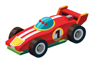 Isometric red toy racecar displays number one with a sporty, stylized appearance