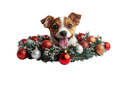 Holiday Dog's Festive Delight: A cheerful dog peeks through a vibrant wreath, its joyous expression perfectly captures the holiday spirit, radiating warmth and happiness.