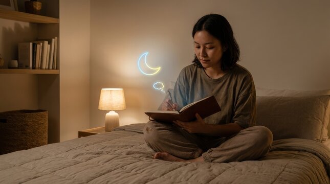 Young woman journaling at night for self reflection and mental clarity