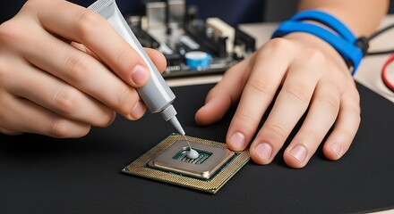 Hands applying thermal paste to CPU processor for computer assembly and cooling system maintenance
