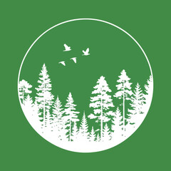 Serene white silhouette of a pine forest and birds within a green circle