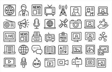 Collection of hand drawn icons representing news media communication and information dissemination