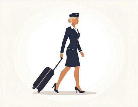 Stylized air hostess walks, pulling suitcase. Navy suit, blonde hair, hat. Light background