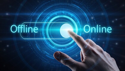 Hand Pressing Online Toggle on Futuristic Digital Interface for Connectivity and Digital Transformation