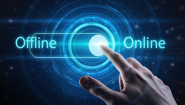 Hand Pressing Online Toggle on Futuristic Digital Interface for Connectivity and Digital Transformation