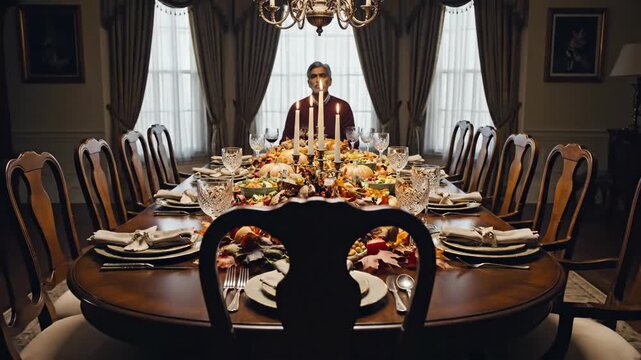 Thanksgiving table setting with white candles, flowers, pumpkins, and a glowing Happy Thanksgiving sign appear gradually	