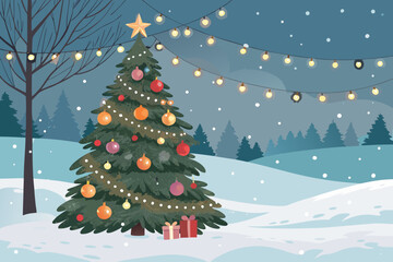 Obraz premium Depicting Christmas Scene With Decorated Pine Tree Beautiful High-Quality Stock Image