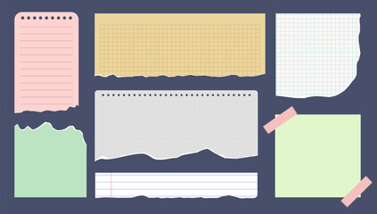 Set of Torn Notebook Paper with Ruled, Grid, and Dot Lines. Diary, Planner and Scrapbook Pastel Color Elements. Vector illustration.