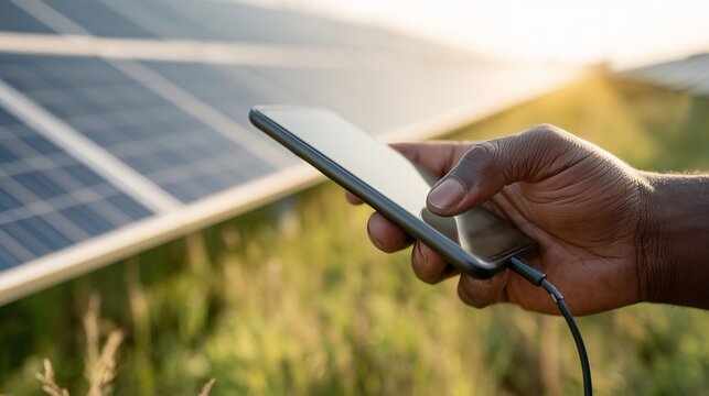 In the hands of a smartphone connected to an autonomous solar panel located outdoors among many large solar panels in an open field. Repair and programming of solar panels - Powered by Adobe