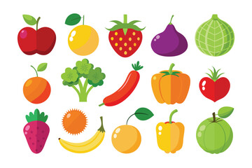 Flat graphics display varied, colorful fruits and vegetables against a white background