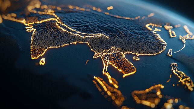 A stylized representation of Earth at night, with glowing orange lights illuminating continents and coastlines, suggesting urban areas and global connectivity.