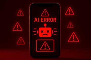 A terrifying artificial intelligence error warning sign displayed prominently on a smartphone screen suggesting system malfunction and deep technological risk in dark red light