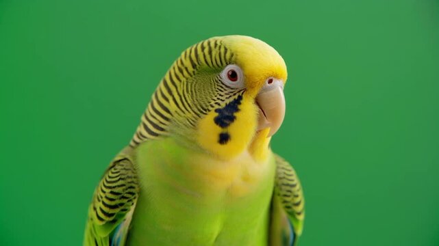 Budgie parrot close up on green screen looking around