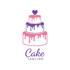 Elegant three tiered wedding cake with pink and purple frosting and a heart topper