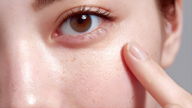 Extreme close-up of a Korea woman&rsquo;s cheek with flawless white skin and hazelnut eyes, finger gently pressing into moist and elastic skin, showing bouncy and supple texture, subtle dewy glow highlighti