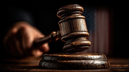 A close-up of a wooden gavel striking its block, symbolizing authority and justice, with a blurred hand in the background.