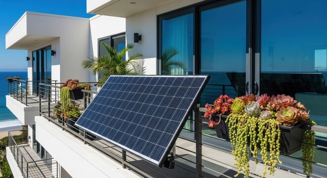 Tilted Blue Solar Panel on Balcony Railing of White Stucco Condominium with Succulents, Bright Sunlight, Malibu, California, USA