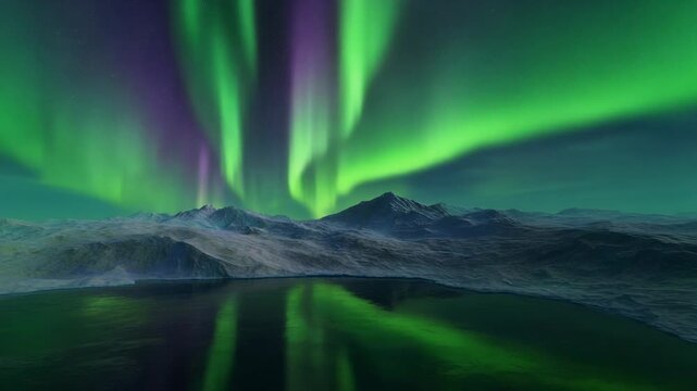 Vibrant green and purple aurora borealis dances over a serene mountain lake northern lights
