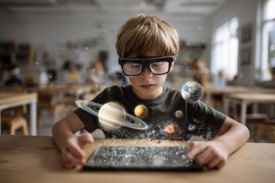 Child explores virtual space with tablet in classroom during daytime learning activity